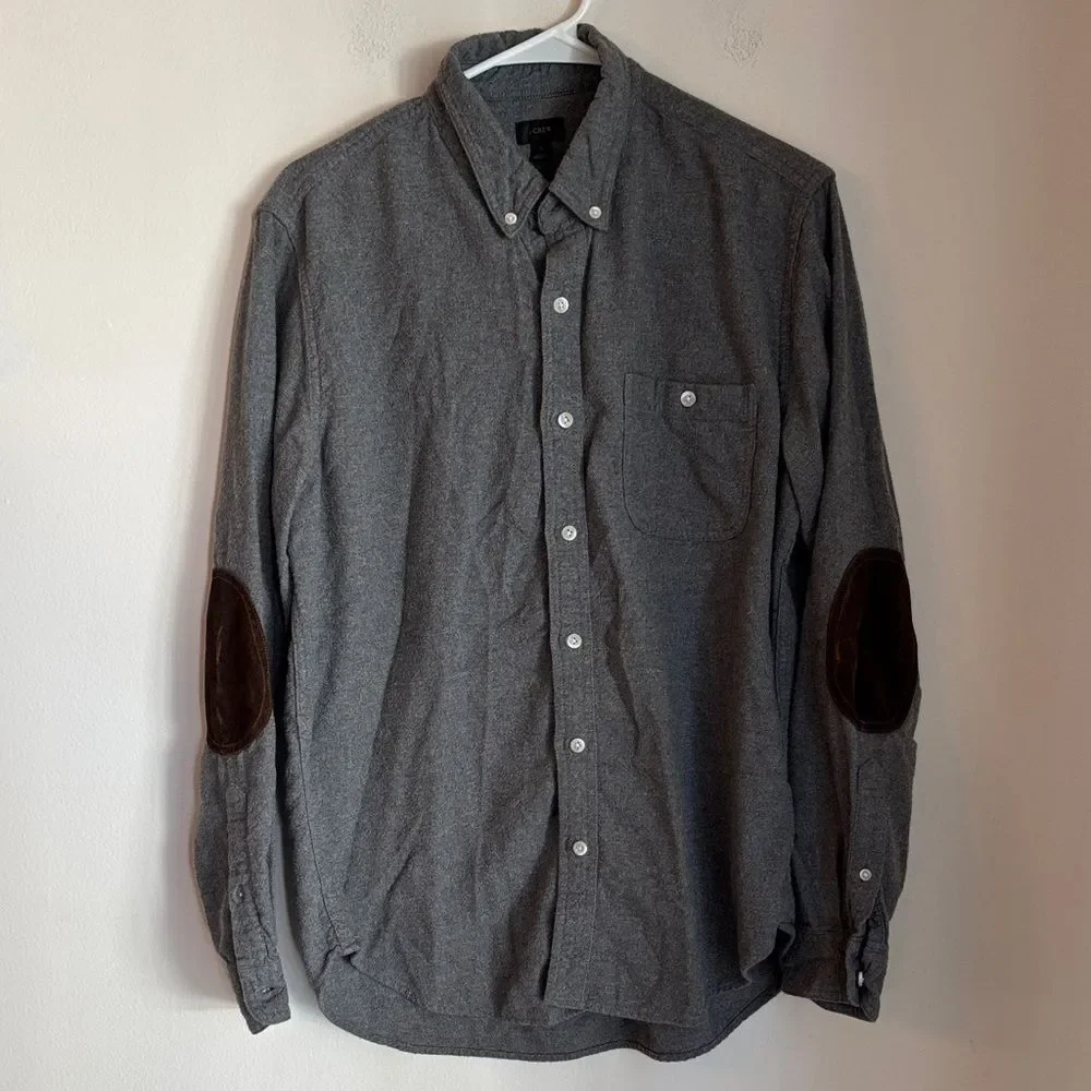 J. Crew Gray wool flannel Button-Down Shirt Brown leather Elbow Patches men’s LG